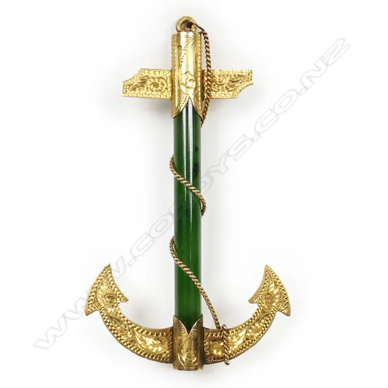 Beaver & Co Dunedin colonial 9ct gold greenstone anchor brooch,